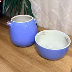 Vintage Hall Rose Parade Periwinkle Blue Mixing Bowl & Bean Pot Set