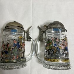 German Lithophane Beer Steins with Pewter Lids Set of 2