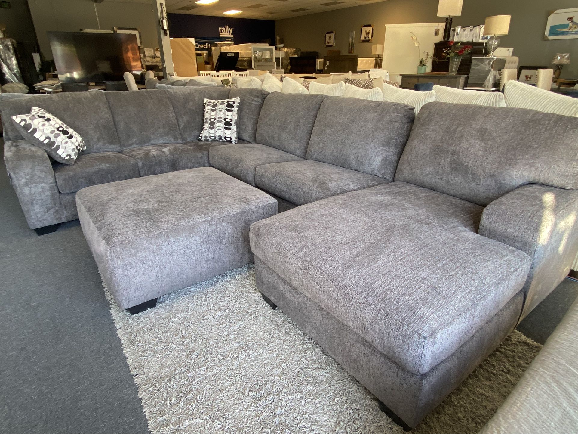 New Grey Family Room Sectional Was $2299 Now $1700 With Ottoman 4pc And Accents! At Lux Furniture
