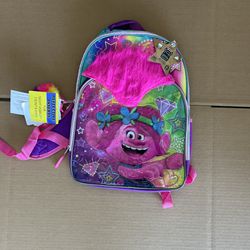 Trolls Backpack Bonus Keychain Tech Sleeve Fuzzy Pink Hair . Nwt