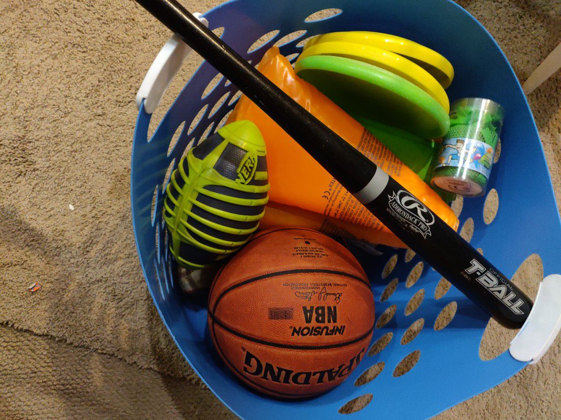 Nerf football+ baseball bat+basketball+ inflatable swimming tubes,water ballons( all together)
