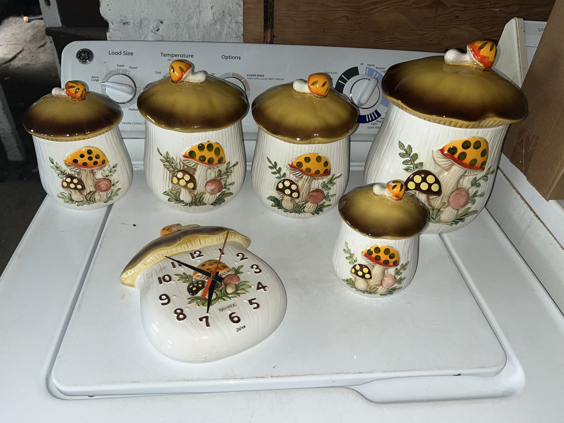Vintage Sears Merry Mushroom Canister Set of 5 plus Clock
