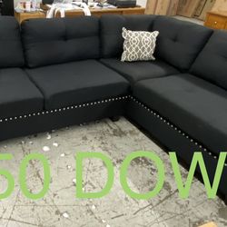 (90 Day Finance & Free Delivery) New Black Nailhead Set and Ottoman 