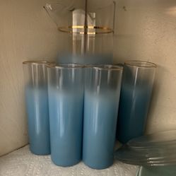 Vintage Midcentury Blue Blendo Glass Pitcher And Cups