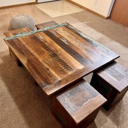 Wooden Table With Turquoise Patina, 4 Matching Seats  