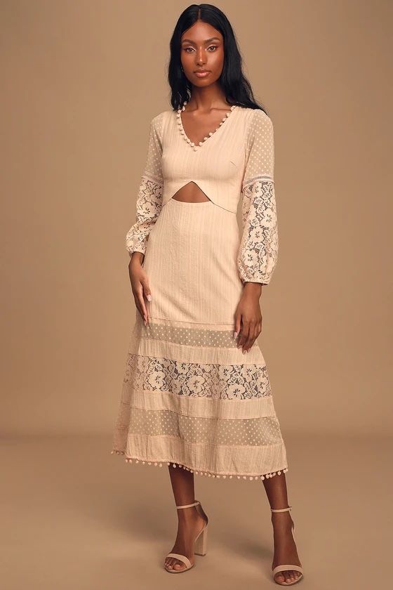 Lulus Modern Menagerie Blush Lace Cutout Long Sleeve Midi Cottagecore Dress Sz L