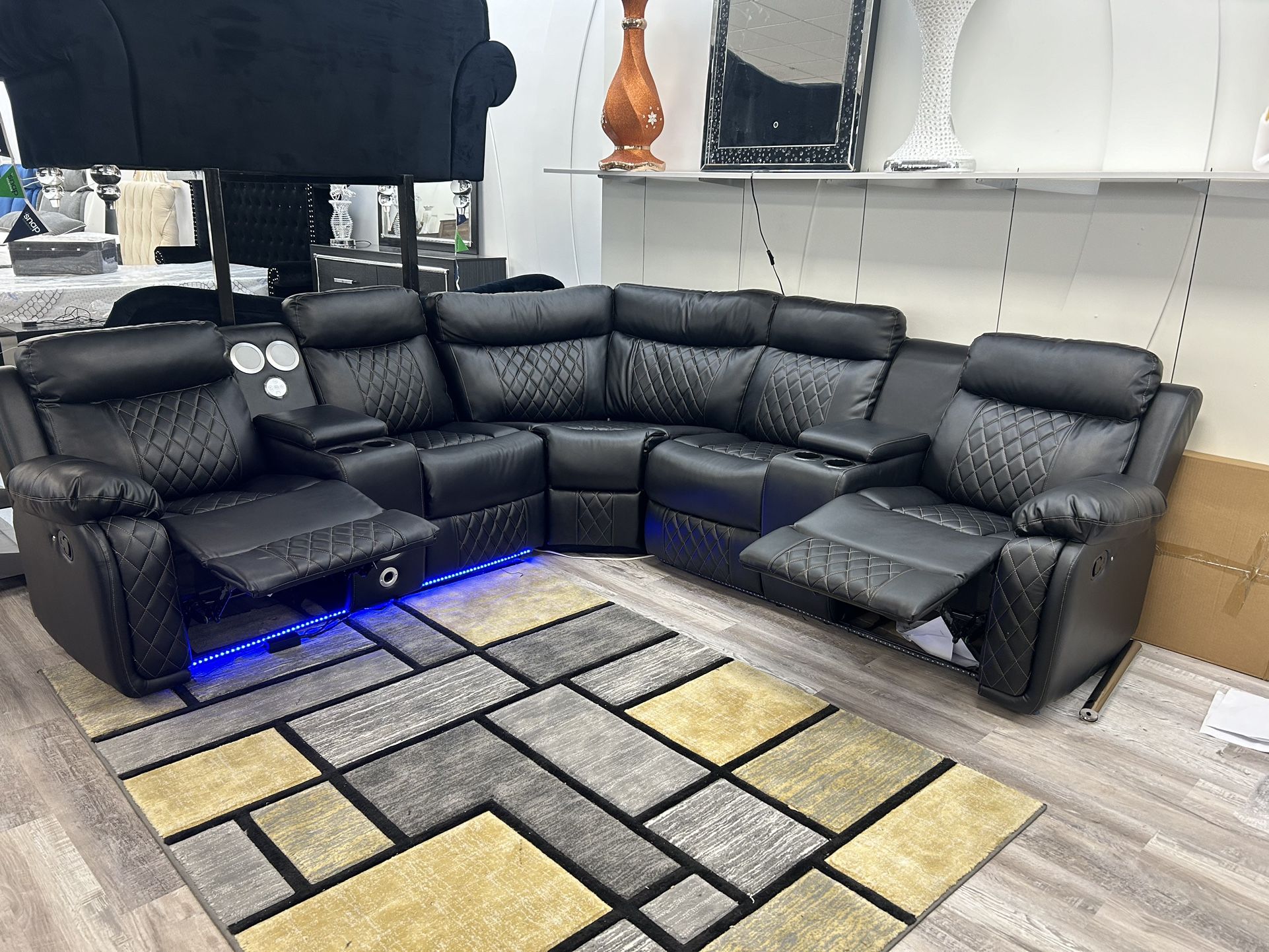 Motion Recliner, Leather Sectional With Bluetooth And Speaker