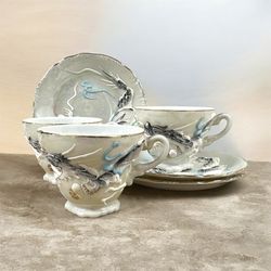 Japanese Moriage Dragonware Demitasse Cups & Saucers Set of 3 Gold Trim Japan