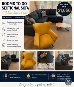 Beautiful Rooms To Go sectional sofa + yellow accent chair in excellent condition