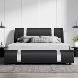 Queen Size Bed Frame with Iron Pieces Decor, Faux Leather, Black Adjustable Headboard, Deluxe Upholstered Modern Platform Bed with Solid Wooden Slats 