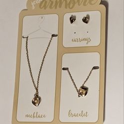 Gold Heart Charm Jewelry Set Includes Bracelet Necklace & Earrings