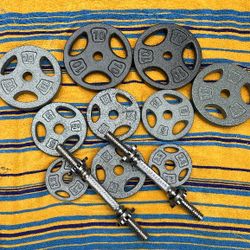 ADJUSTABLE DUMBBELLS = 80  LBS. (4) 10s  /  (4)  5s   /  (2)  2.5s  &  2 HEAVY DUTY DUMBBELL HANDLE BARS 