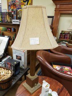 2 matching antique brass & Bronze table lamps with shades
