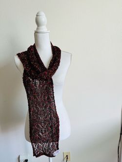 Handcrafted Open-Weave Black and Red Scarf from Ireland 8/62 inches