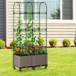 Raised Garden Bed Planter Box w/Wheels Tomato Planter w/Trellis 32 in. L x 16 in. W x 73 in. H Outdoor Wood Cage