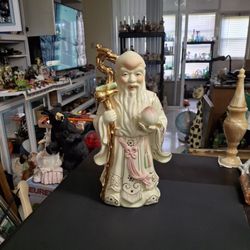 Large Porcelain Figurine Of Shou Xing Chinese God Of Longevity, Peach Of Immortality, Stafford For Long Life & High Cranium For Wisdom Gold Gilted