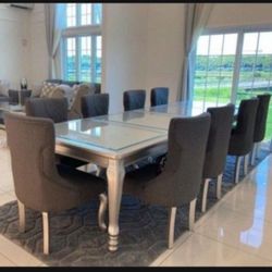🔹 Metallic Silver Dining Set Of 7 🔹 Extension Rectangular Table And Chair Of Fabric👍 Brand New 💥 Fastest Delivery 🚚 