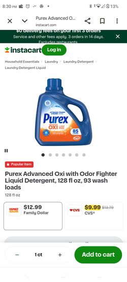 Two bottles of purex laundry detergent the big ones and two bottles of the Downy fusion beads the blue and orange