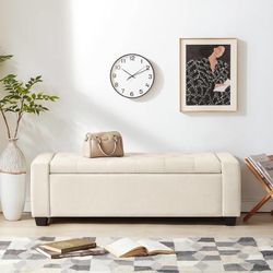48" Ottoman with Storage, Beige Storage Ottoman Bench Upholstered Entryway Bench with Seating for Bedroom, Living Room, with Safety Hinge, Holds up to