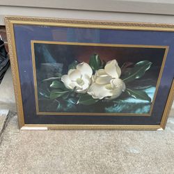 An Old 43” X 31” Picture Of A White Rose On Green Leaves.  Need A Little Repair From Aging (NO SHIPPING)