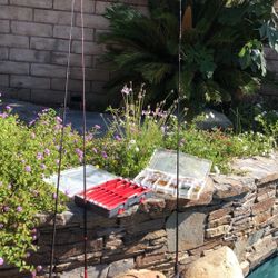 Three (3) Casting Fishing Rods & Reels (Daiwa,Quantum’s)with Shimano Box with Lures and Box Full of Plastics Worms.