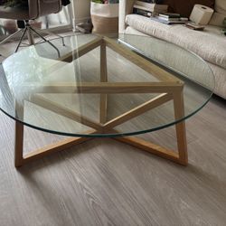 CB2 original geometric wood frame & glass coffee table