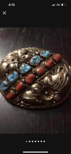 Vintage Large Navajo Sterling Silver Turquoise Red Coral Belt Buckle With 12 K Gold Overlay 