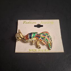 Peacock Enamel and Rhinestone Brooch Pin