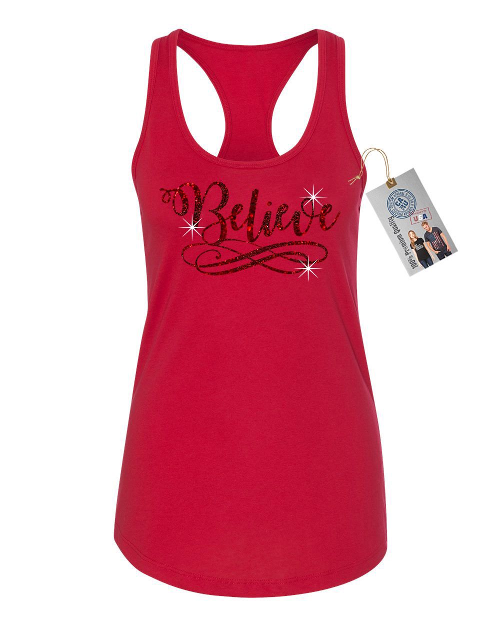 Believe Red Sparkle Glitter Christmas Womens Racerback Tank Top Red 2XL