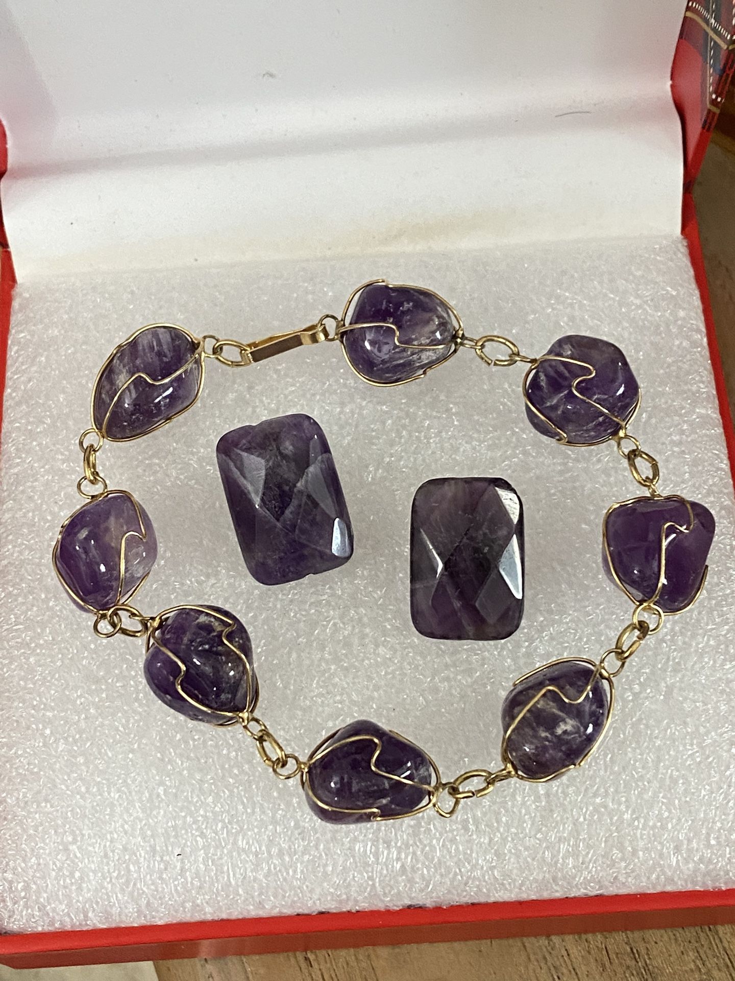 Juego Pulsera Aretes Gold Fillet Piedras Cuarzo Morado Joyería Antigua