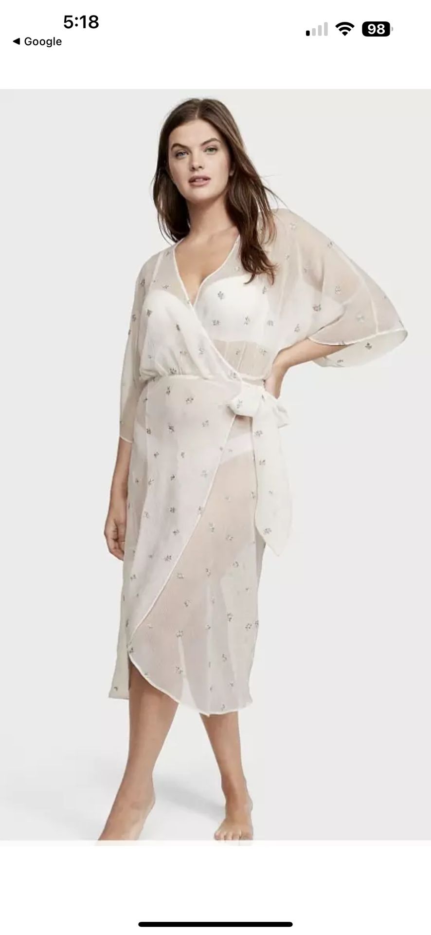 NWT Victoria's Secret White Sheer Long Floral Embroidered Robe, Sz XS/S