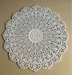 White Carved Wood Mandala Wall Art
