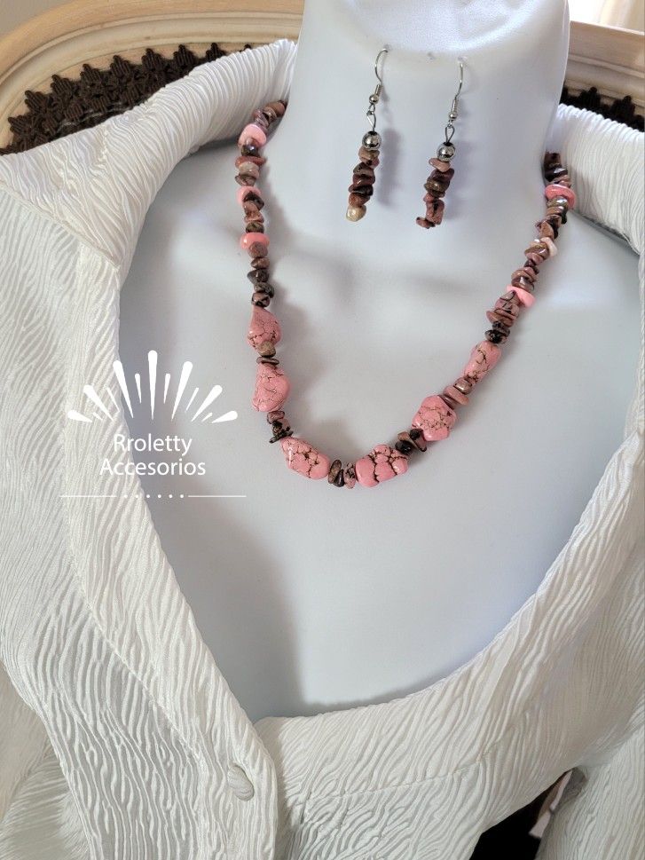 Necklace And Earrings Set With Pink Tourquse Stone