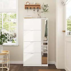 Wood Shoe Storage Cabinet with Mirrored Door Adjustable Shelves and 4 Drawers for Entryway Bedroom Hallway Fits up to 28 Pairs of Shoes 31.5''L x 9.44