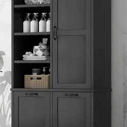 Fleurine 68'' H Bathroom Cabinet with Tilt-Out Laundry Hamper,Modern Linen Cabinet with Adjustable Shelf,Freestanding Style