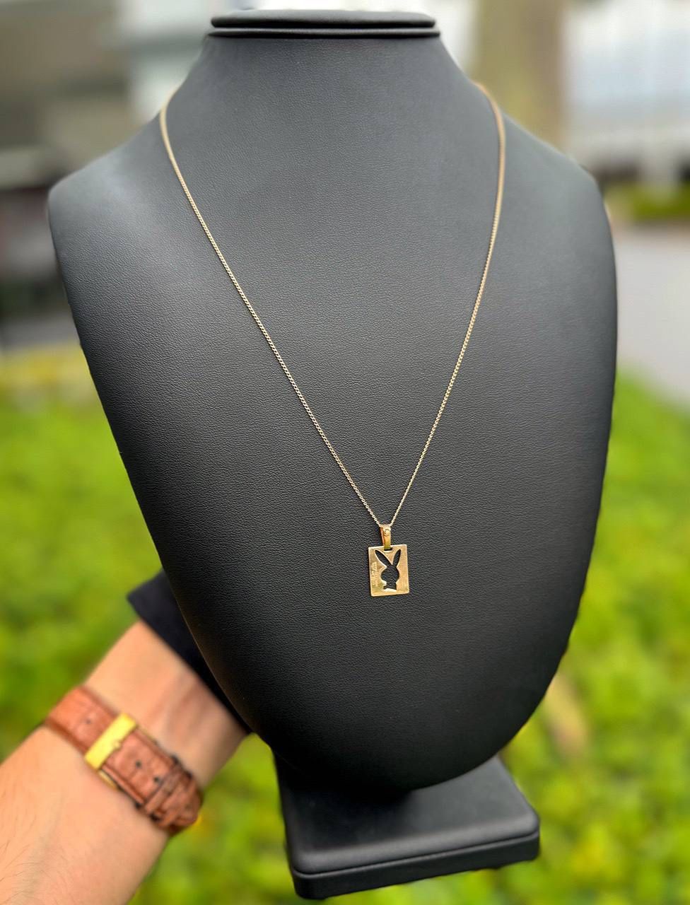 10k solid yellow gold Bunny pendant charm & 9 ” curb chain necklace
