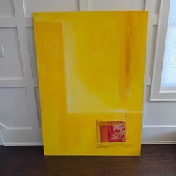 Large Abstract Oil Painting Canvas Framed Sunset Window Yellow Red 43x60 Modern