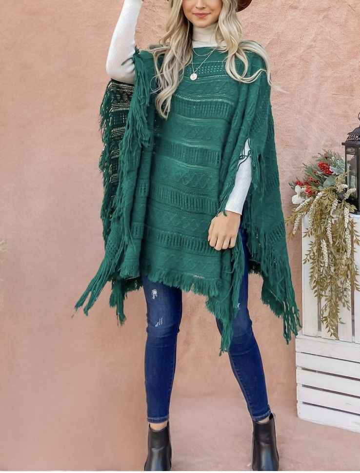ANDTHEWAY| Women’s Fringe Trim Knit Poncho Green One Size – Soft Pullover Sweater Wrap, Chic Fall Layer  
