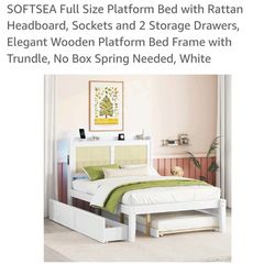 Full Size Platform Bed With Rattan Headboard (Brand New)