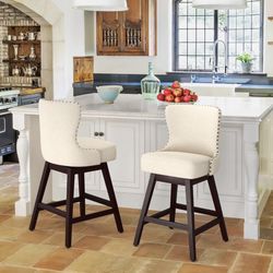 26"H Fabric Upholstered Swivel Bar Stool, Beige (Set of 2)