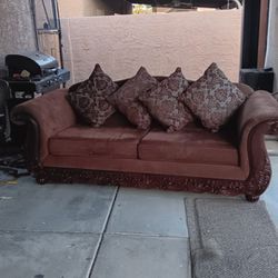 Beautiful 8ft Couch With Wood Inlays And Backrest Pillows 