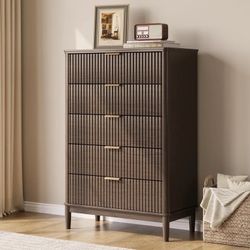 Fluted Tall Dressers for Bedroom, Chest of 5 Drawers, Dark Brown