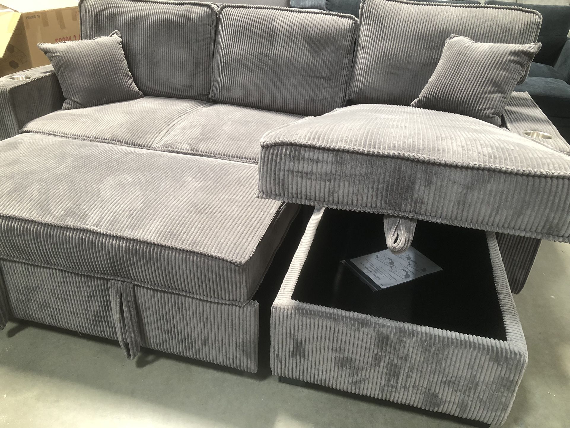 New Convertible Sofa Bed STORAGE CHAISE Pull Out Bed Cup Holder