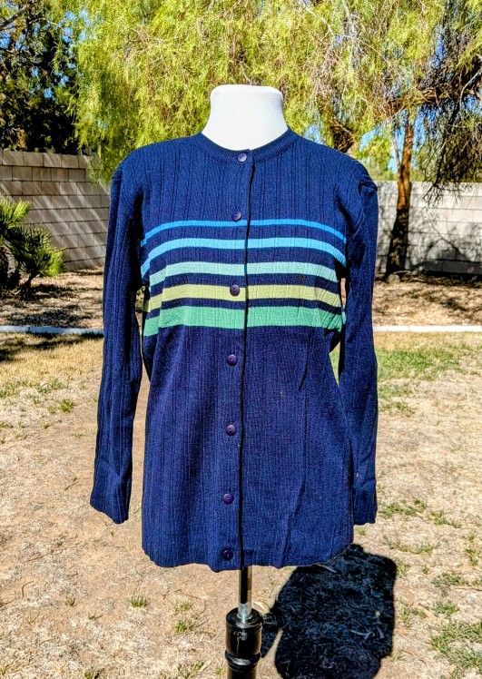 VTG Adolfo Navy Striped Lamb's Wool/Acrylic Cardigan Sweater Button-Up EUC