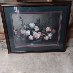 Framed Art Print Of Pink Roses 33" X 27"