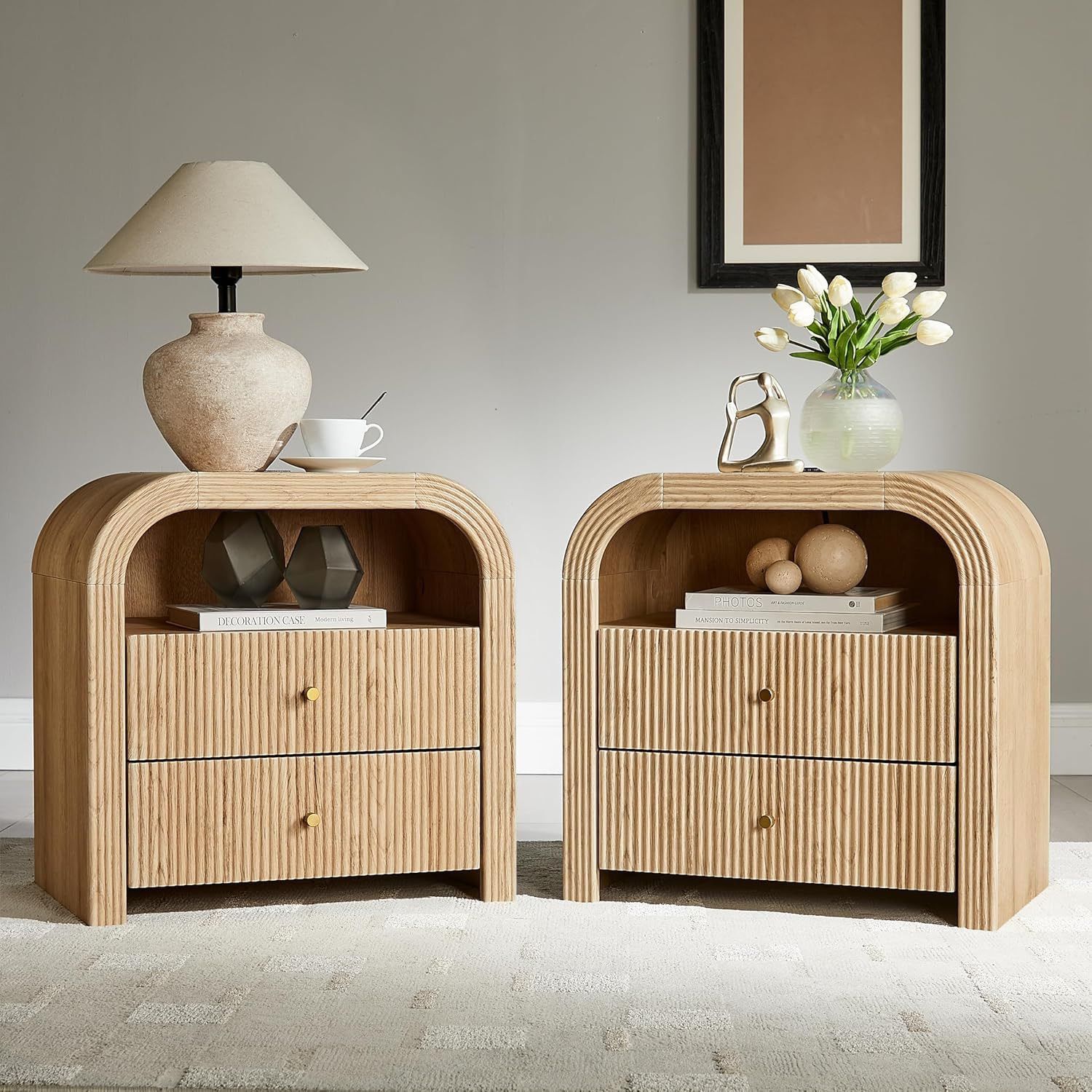 24" Fluted Nightstand Set of 2, Large 2 Drawers Bedside Table with Charging Station, Modern End Table with Storage Night Stand