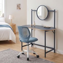 Homy Casa LOONEY+CARNATION 2PC Bedroom Vanity Set with Mirror and Office Chair in Blue-Gray Matte & Light Blue Mesh