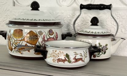 Vintage Germany ASTA Enamel Cookware • Stewpot/Lid, Kettle/Lid & Saucepan