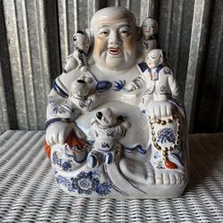 Vintage Porcelain Laughing Buddha Statue w/ Children – Blue White Gold Decor