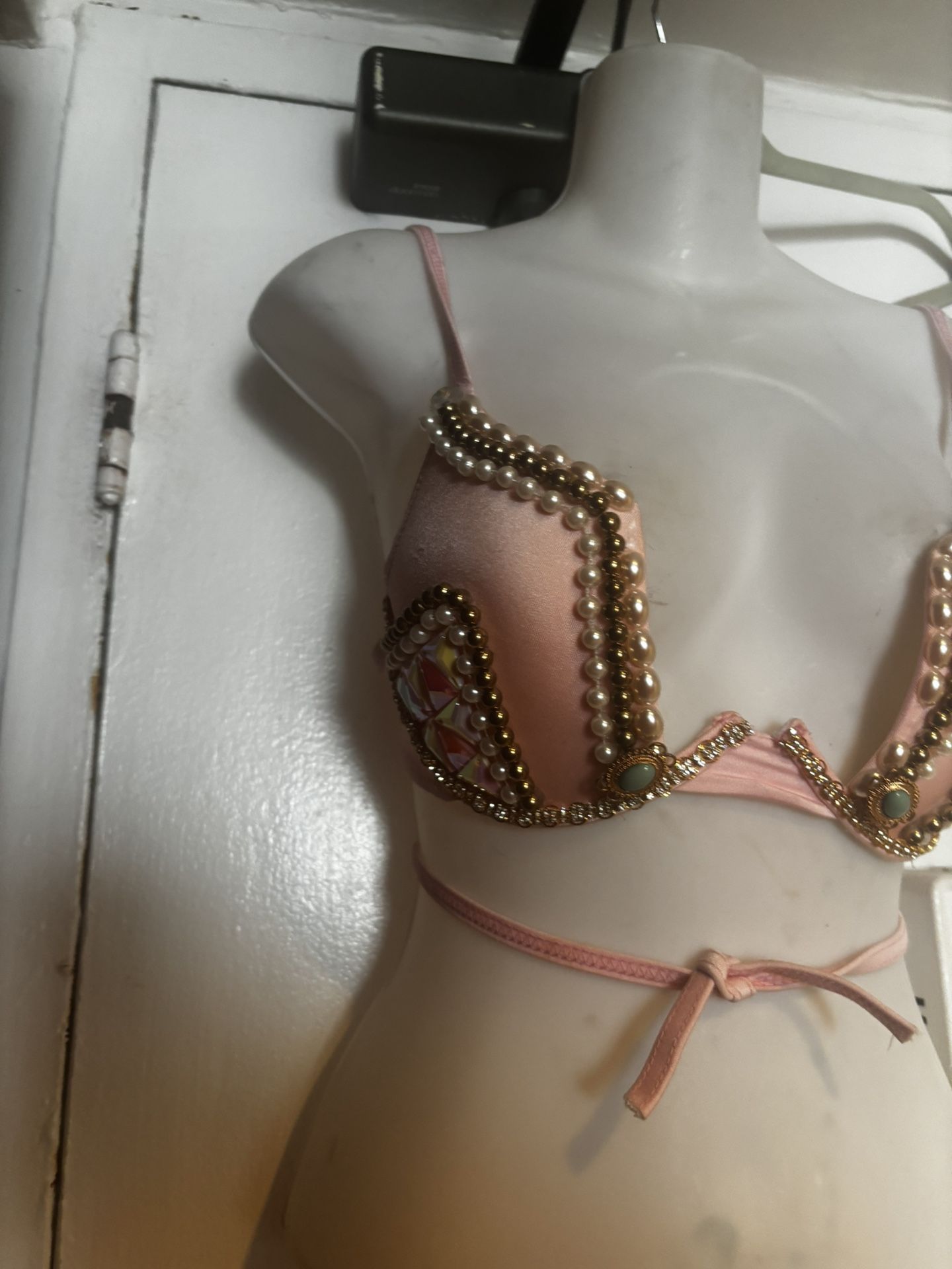 HAI TRIM & FEATHERS vintage bra top rhinestone gem tie up bralette shirt halter